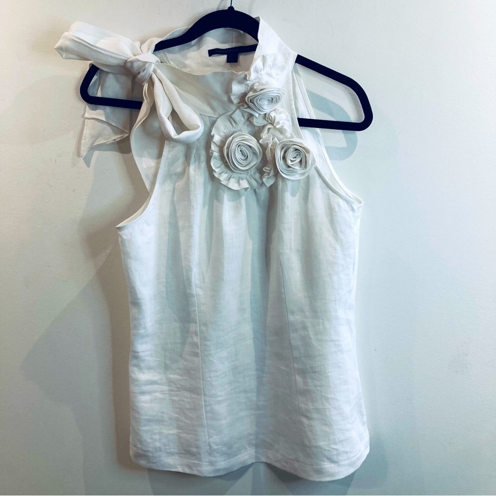 KATHERINE BARCLAY Sz S 100% Linen 3-D Flowers Shoulder Tie Zipper Closure Blouse